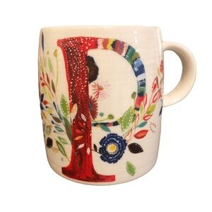 Anthropologie Starla M. Halfmann "P"  Initial Letter Mug Floral‎ Bouquet